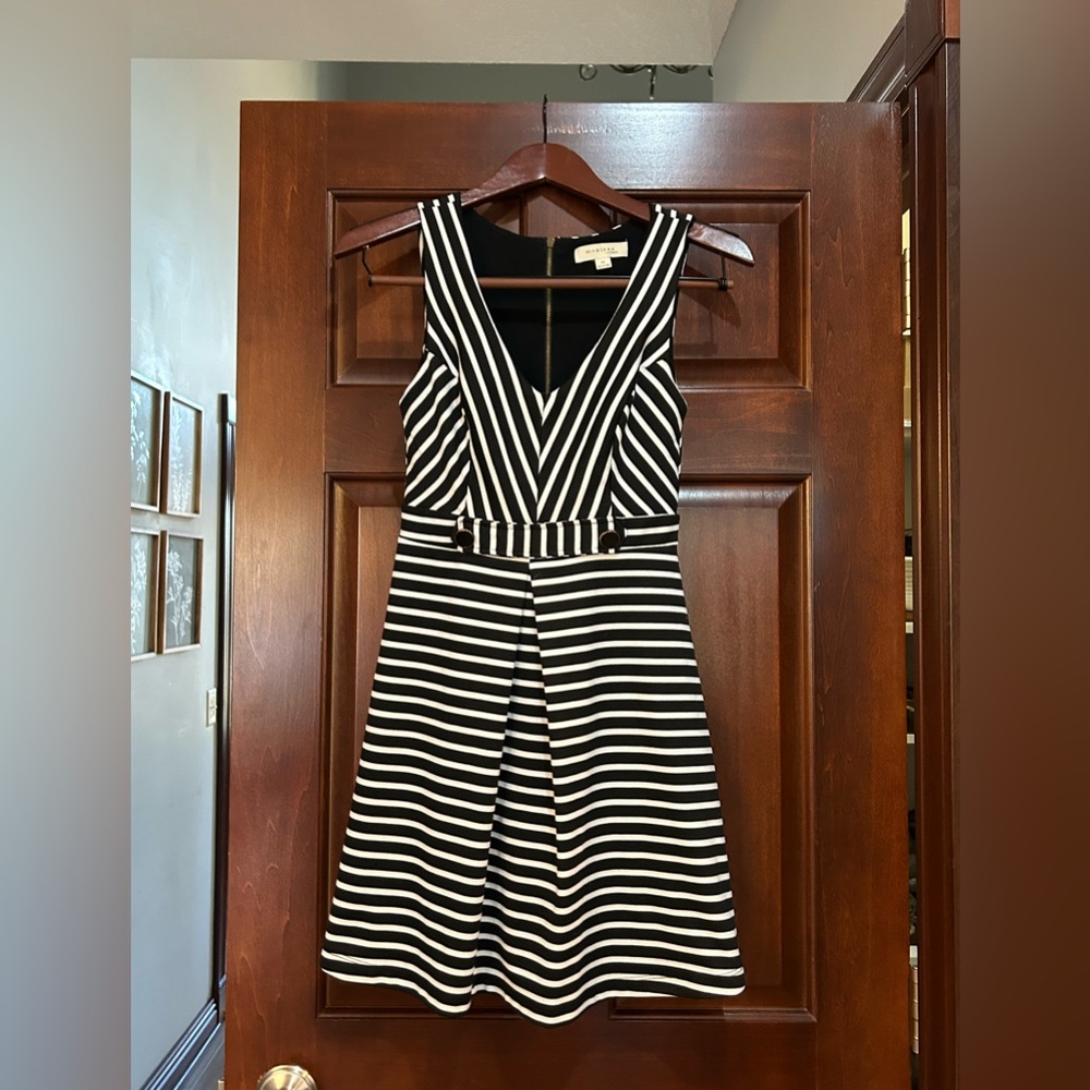 Monteau Black White Striped Fit & Flare Dress Medium